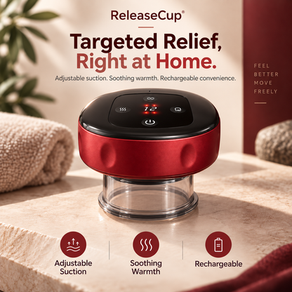ReleaseCup targeted relief hero showing the approved red cupping device, adjustable suction, soothing warmth and rechargeable design.