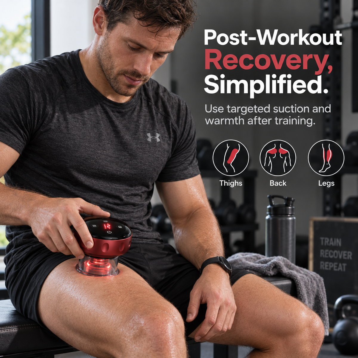 Realistic post-workout lifestyle image of a man using ReleaseCup on his thigh.
