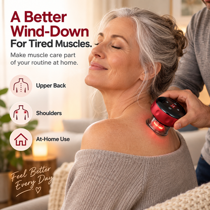 Older woman using ReleaseCup at home on the upper back and shoulder area.