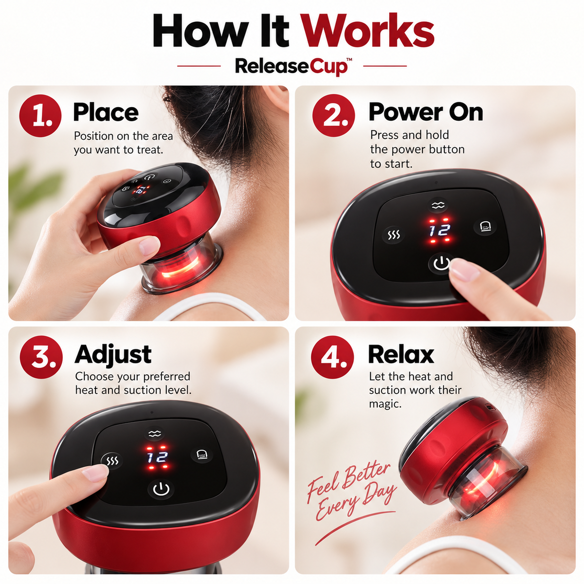 ReleaseCup four-step how-it-works guide.