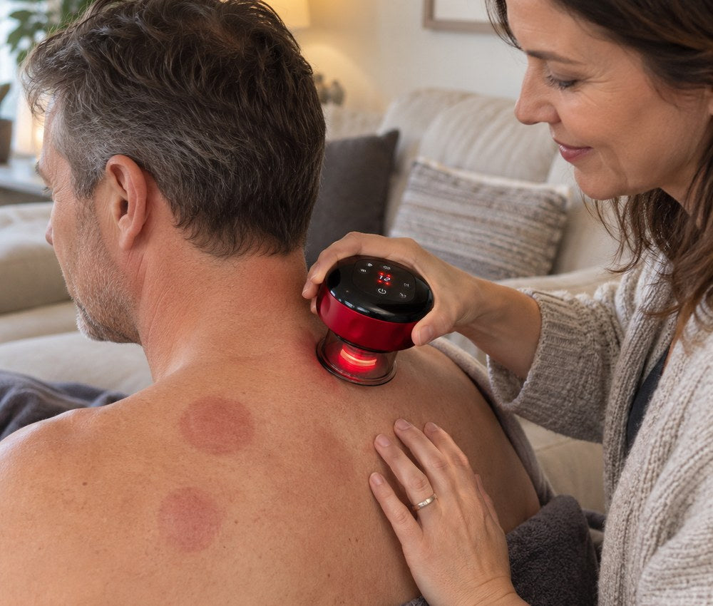 Illustrative at-home scene with the round red ReleaseCup device, cropped for mobile.