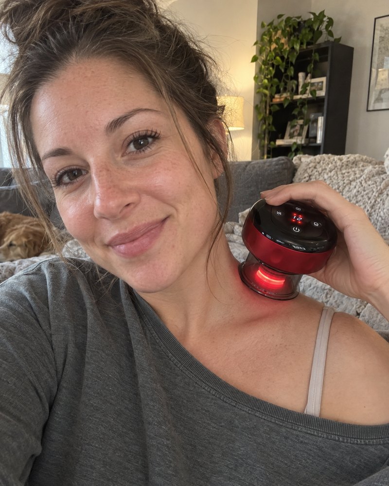 AI-generated lifestyle illustration of a woman using ReleaseCup in a sofa selfie.