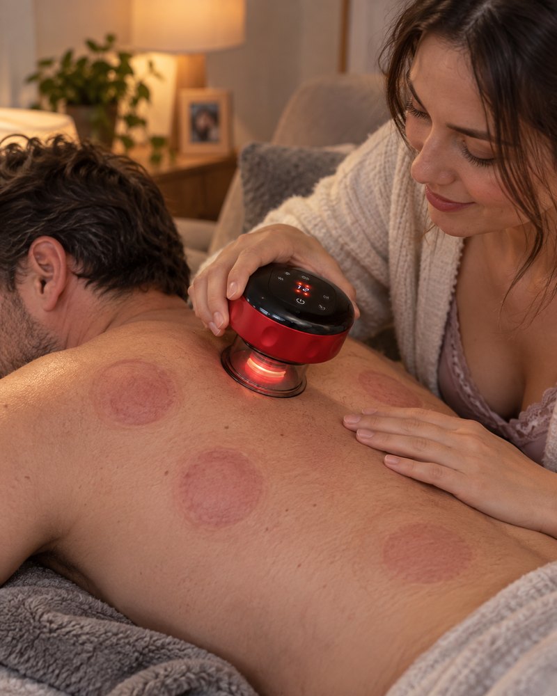 AI-generated lifestyle illustration of a partner applying ReleaseCup to an upper back at home.