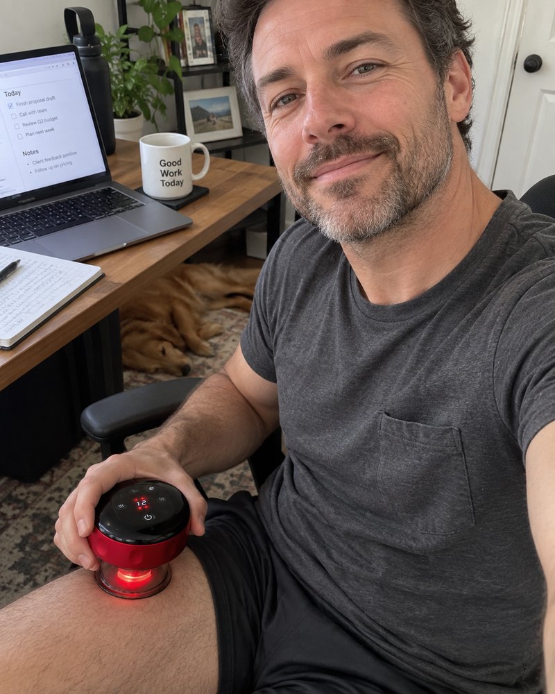 AI-generated lifestyle illustration of a man using ReleaseCup on his thigh at a home office desk.