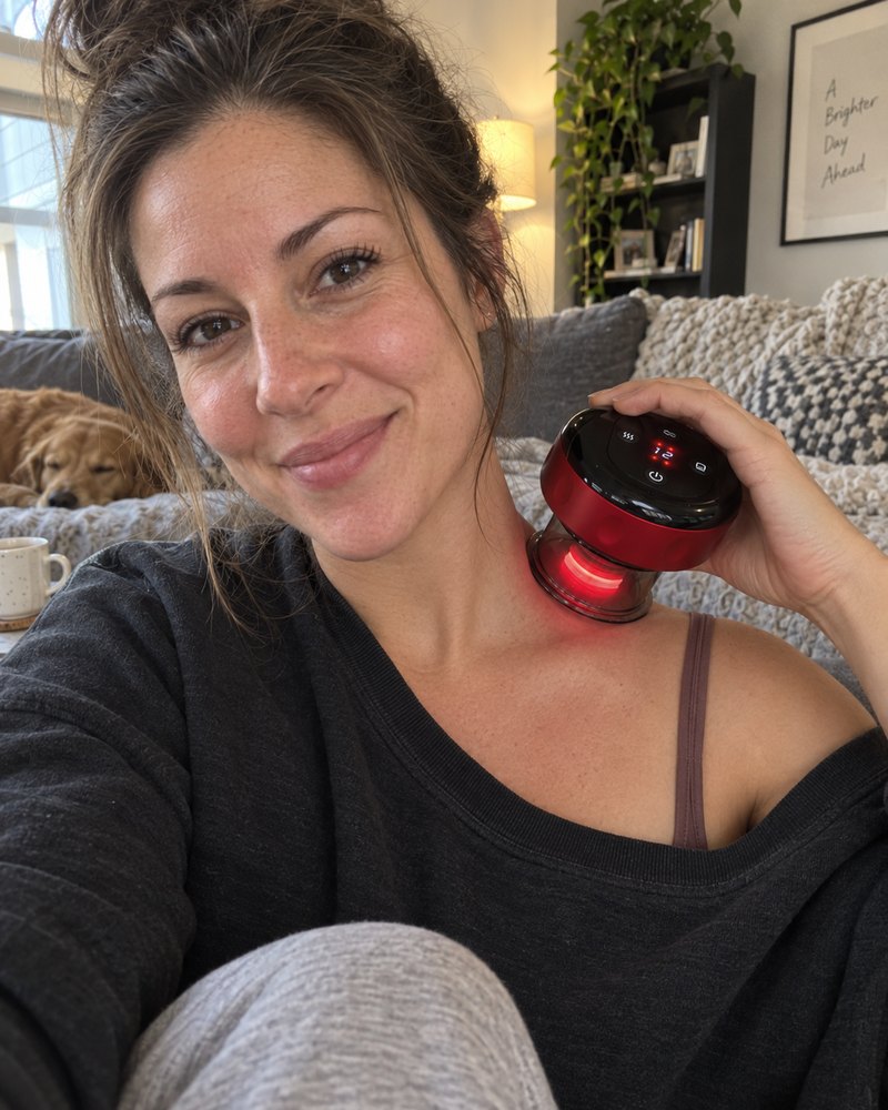 AI-generated lifestyle illustration of a woman using ReleaseCup at home with a dog on the sofa.