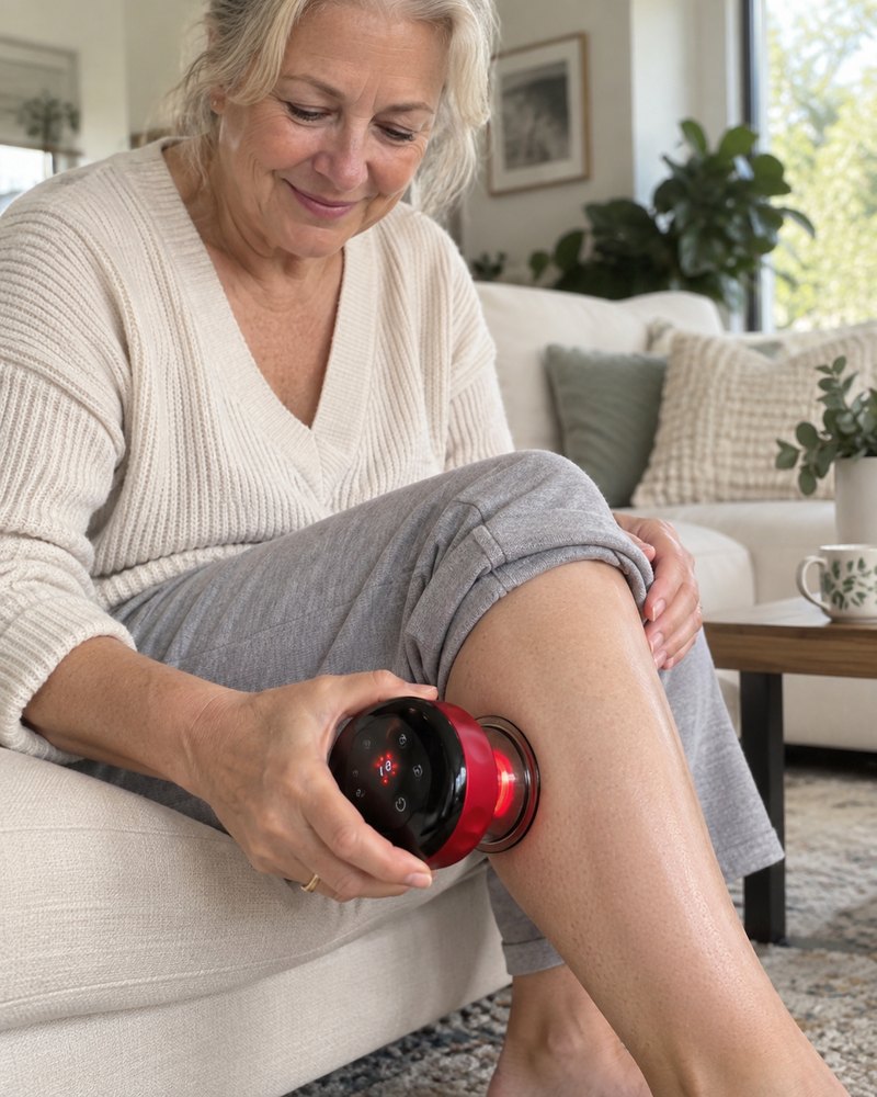 AI-generated lifestyle illustration of an older woman using ReleaseCup on her calf at home.