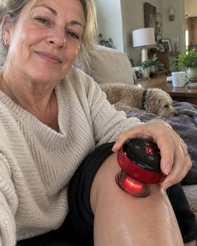 AI-generated lifestyle illustration of an older woman taking a selfie while using ReleaseCup on her thigh.