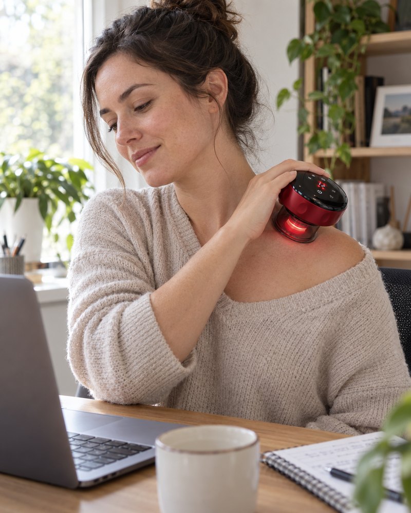 AI-generated lifestyle illustration of a woman using ReleaseCup during a home office break.