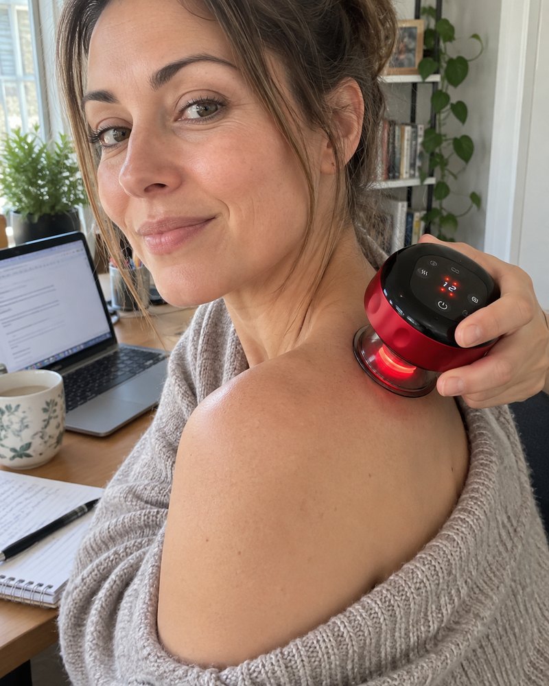 AI-generated lifestyle illustration of a woman with ReleaseCup in a home office selfie.