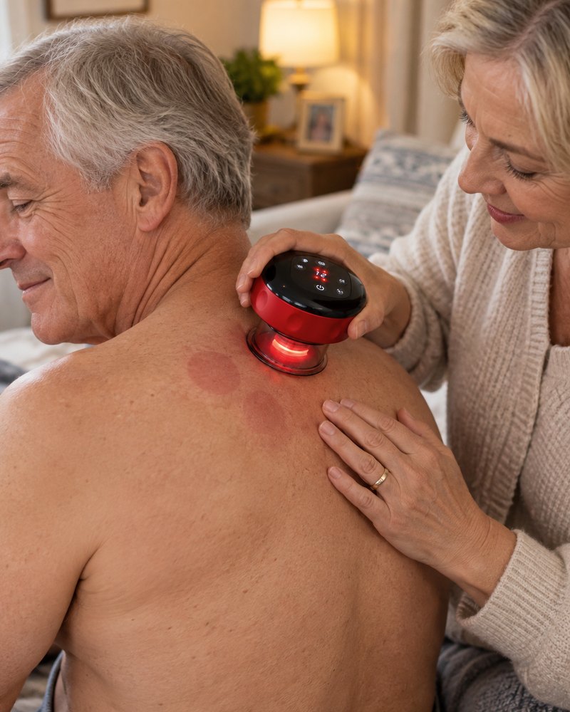 AI-generated lifestyle illustration of an older couple using ReleaseCup on an upper back at home.