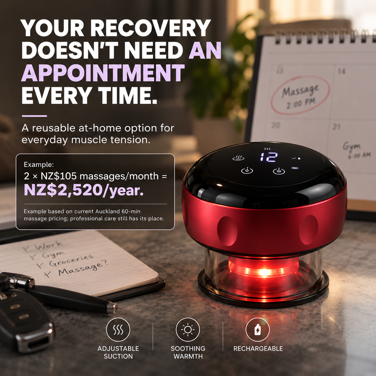 ReleaseCup cost-saving gallery image showing at-home recovery as an option between massage appointments.